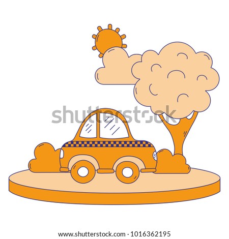 full color taxi car service in the city with tree