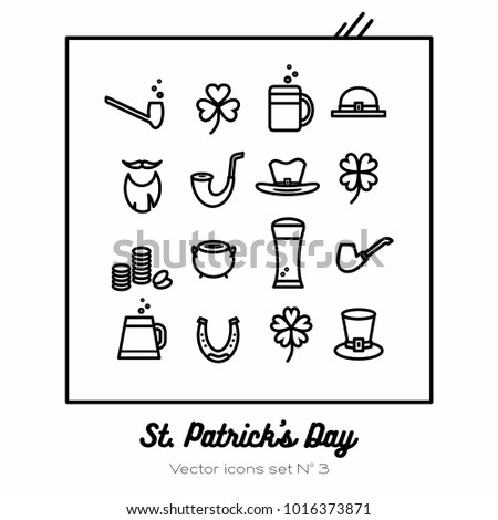 Saint Patricks day vector icons set. Black white line art flat icons for logo, sign, buttons. Minimalist st. Patricks day menu, flyer, poster. Isolated clover, beer glass, leprechaun hat, smoking pipe