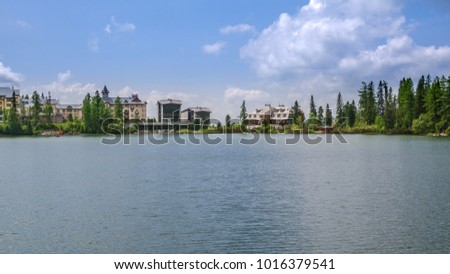 Hotels on the shore of the lake in High Tatra mountains, Slovakia 