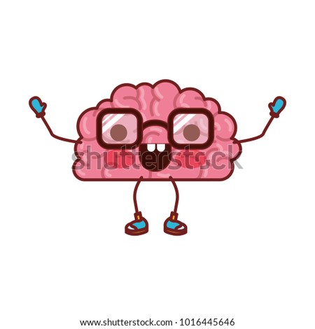 brain cartoon with glasses and happy expression in colorful silhouette with brown contour