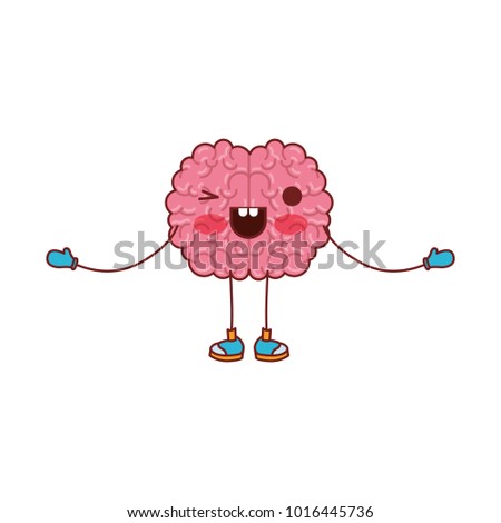 brain cartoon in standing position with open arms and eye wink expression in colorful silhouette with brown contour