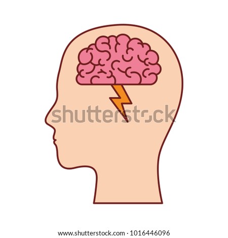 human face silhouette with brain with ray in colorful silhouette with brown contour
