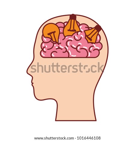 human face silhouette with brain and light bulbs in colorful silhouette with brown contour