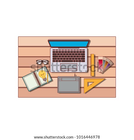 laptop computer and drawing tools over desk on top view in colorful silhouette with thin red contour