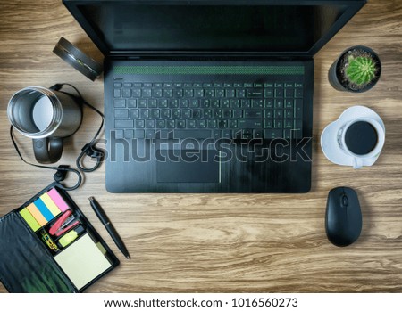 worker laptops Network Digital Technology and People using different devices at coffee cup table