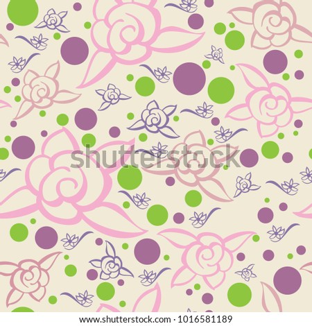 roses seamless background pattern pink purple green  with polka dots