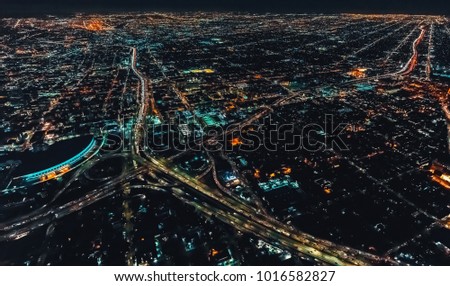 Aerial view of a massive highway in Los Angeles, CA at night