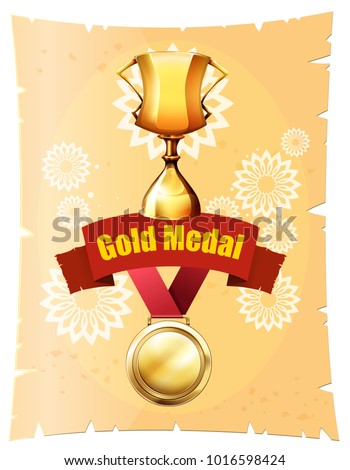 Gold medal and trophy on poster illustration
