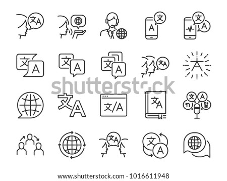 Translation line icon set. Included the icons as translate, translator, language, bilingual, dictionary, communication, bi-racial and more. Royalty-Free Stock Photo #1016611948