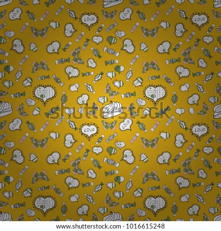 Cute hearts love on yellow, white and green colors on nice background. Vector illustration. Seamless Sixties style mod pop art psychedelic colorful Love text design.