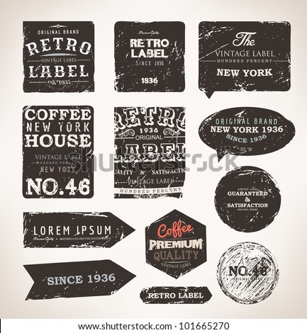 Old dark retro vintage grunge labels set, dirty texture