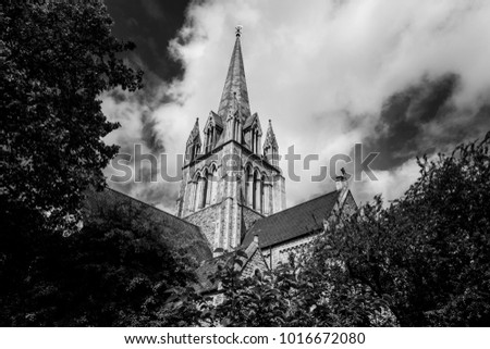 Saint John's evangelist church emerges from the top of the trees, against a cloudy sky. Notting Hill, London. HDR, black and white picture.