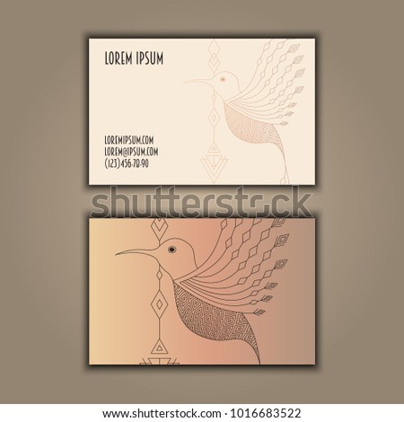 Vector vintage visiting card set. Glowing shiny geometric bird. Luxury design
