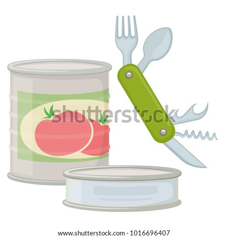 Canned goods and compact knife for camping tourism, cartoon illustration of travel equipment. Vector