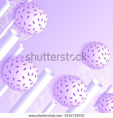 Vector illustration of 3d pipes and balls on violet background. Abstract design.