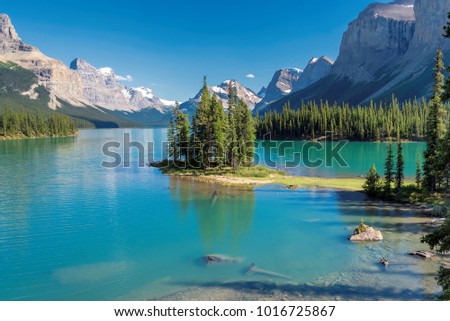Beautiful Canadian Rockies, Spirit Island in Maligne Lake, Jasper National Park, Alberta, Canada. 