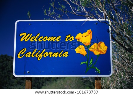 This is a road sign that says, Welcome to California. It has the state flower on it, the poppy. The sign is against a blue sky.