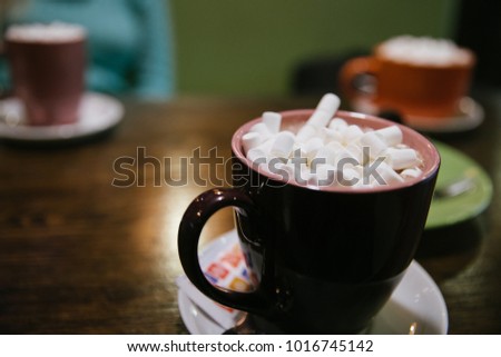Cocoa with marshmallow in cafe 