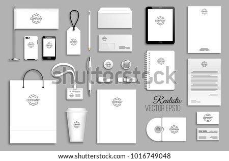 Corporate identity template set. Business stationery mock-up with logo. Branding design. Empty white background. Royalty-Free Stock Photo #1016749048