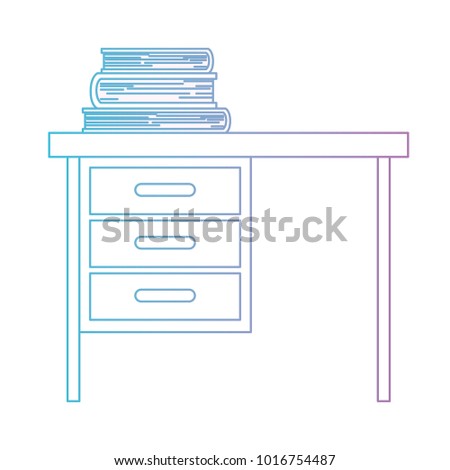wooden desk of three drawers and books on top in degraded blue to purple color contour