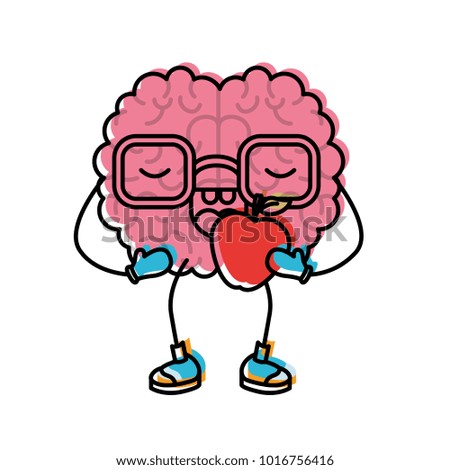 brain cartoon with glasses and eating apple in watercolor silhouette