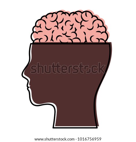 human face brown silhouette with brain exposed in watercolor silhouette