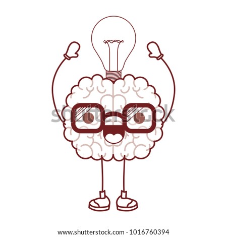 brain cartoon with glasses and light bulb on top with smiling expression in dark red contour