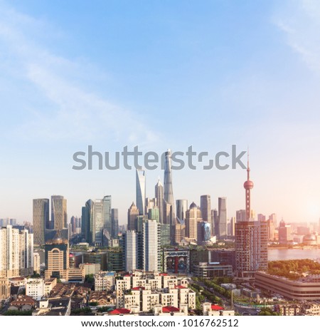 Shanghai skyline and cityscape at sunset
