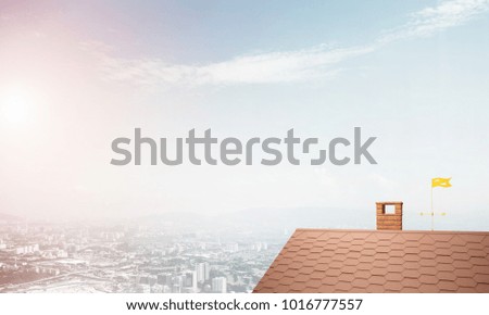 Brick house roof and urban landscape at background