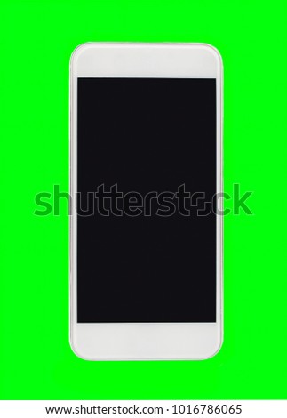 closeup of white smart phone on isolated cutout on green background with chroma key