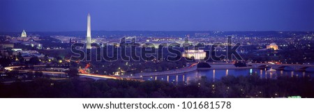 This is an aerial view of Washington, DC with the Jefferson Memorial, U.S. Capitol, Washington Monument, and Lincoln Memorial. Royalty-Free Stock Photo #101681578