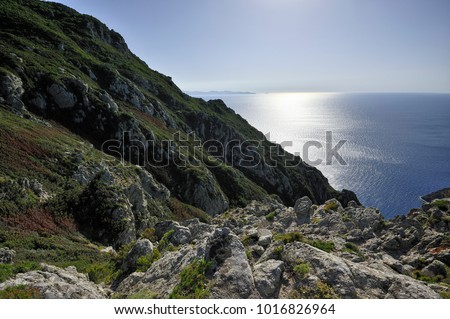 Top view of the coast isle of capraia, in background isle of corsica It is an Italian island northwesternmost of the seven islands of the Tuscan Archipelago and the third largest after Elba and Giglio
