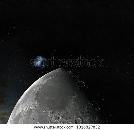 Moon surface. Realistic 3d render of moon and space. Space and planet. Satellite. Nebula. Stars. Elements of this image furnished by NASA.