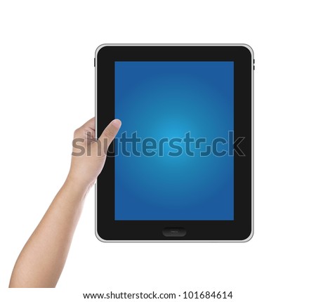 Man's hand holding digital tablet PC with blue screen. Isolated on white background