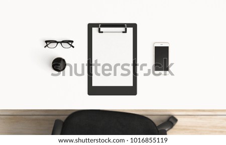 Modern workplace with coffee cup and smartphone or laptop copy space on office table background. Top view. Flat lay style