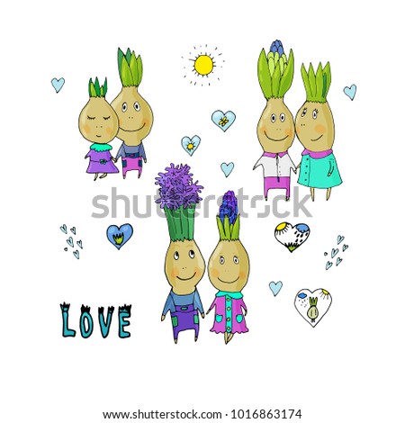 Vector set of funny cartoon images of bulbs with colors in clothes, with arms and legs, with emotions on a white background. Love, spring, positive. Creation. For backgrounds, cards, invitations