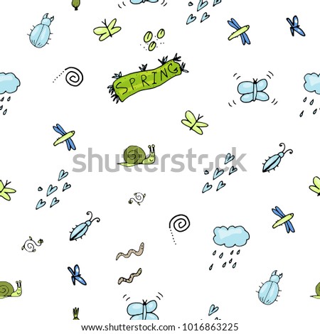Cute seamless pattern made of spring bugs. Vector background is great for children and people who loves insects.