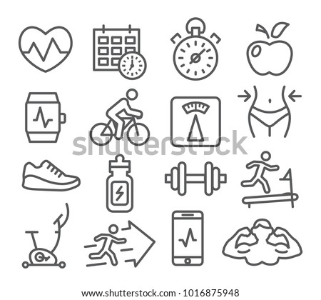 Fitness and Gym line icons set on white background