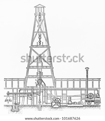 Vintage Combined drilling rig from the beginning of 20th century - Picture from Meyers Lexikon book (written in German language) published in 1908 Leipzig - Germany.