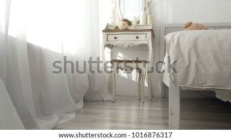 Bedroom of my dream. Tracking shot of elegant bedroom in a stylish, classically designed home with a contemporary feel No people 4k Royalty-Free Stock Photo #1016876317