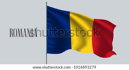 Romania waving flag on flagpole vector illustration. Red blue  yellow stripes of Romanian wavy realistic flag as a symbol of country 