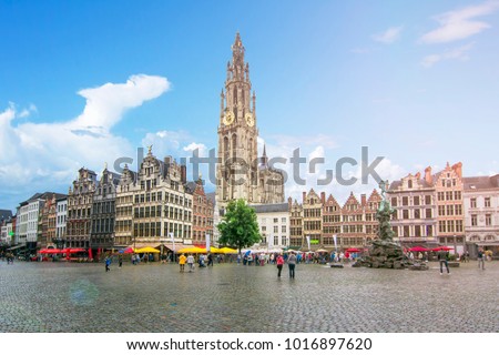 Market square and Cathedral of Our Lady, Antwerp, Belgium Royalty-Free Stock Photo #1016897620