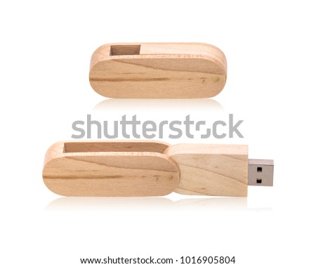 Wooden flash drive isolated on white background. USB stick made from wood material. ( Clipping path )