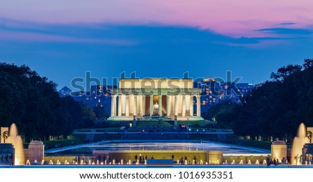 Lincoln Memorial at night. Seen from National Mall, Washington DC, USA. Long exposure photography.