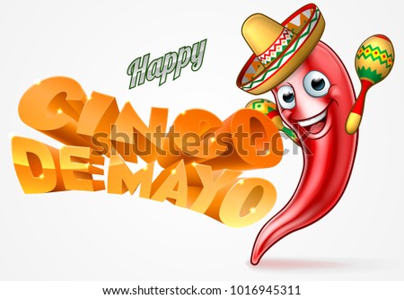 Mexican happy Cinco De Mayo design with red chilli pepper cartoon character in sombrero straw hat holding maracas shakers 