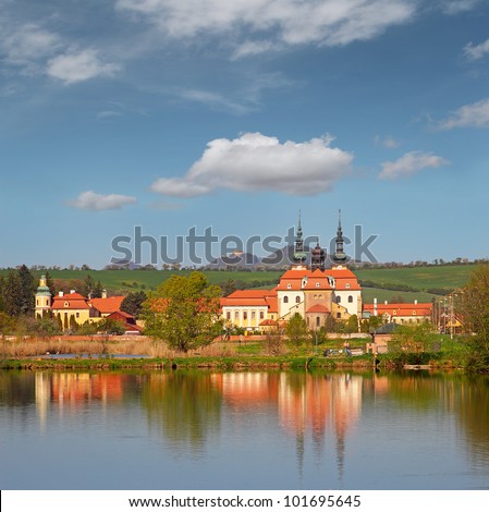 Pilgrimage Church Velehrad and castle Buchlov in background, Moravia, Czech Republic