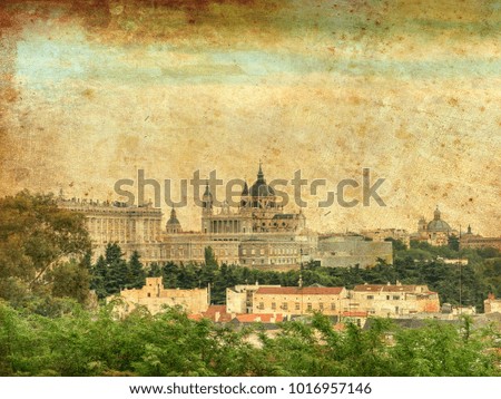 ancient effect picture of Madrid Skyline with the Royal Palace and the Almudena Cathedral
