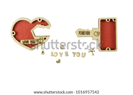 Valentine concept isolated on white backgtound. It have wooden wordind love you,coconut tree,guitar,heart and red heart key jigsaw.