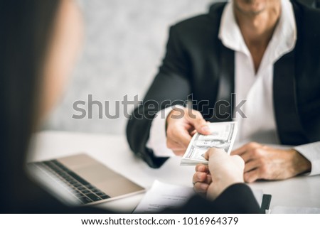 Business man sending money to business woman, corruption and anti corruption concept