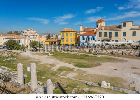 View of the remains of the Roman Agora, historical landmark and Greek Orthodox Church visible in background, Athens, Greece, Europe 12 October 2017